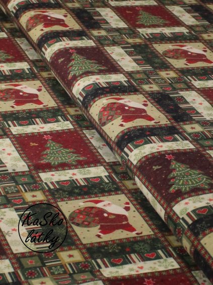 Režná látka vánoční patchwork se Santou