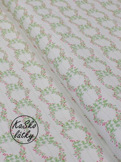 Bavlněná látka zelené květy s puntíky