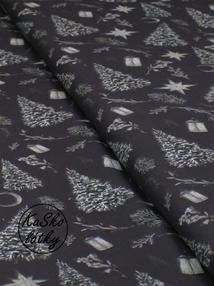 Bavlněná látka stromky a hvězdy na šedé