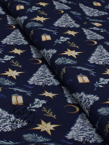 Bavlněná látka stromky a hvězdy na modré