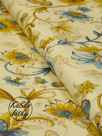 Bavlněná látka velké hnědo-modré květy