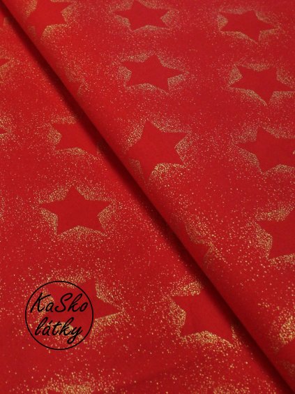 Bavlněná látka červené hvězdy se zlatem