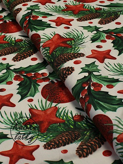 Bavlněná látka cesmína a červené ozdoby