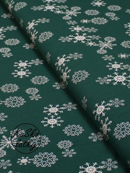 Bavlněná teplákovina vločky na zelené