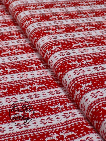 Bavlněná teplákovina sobi a vločky na červené