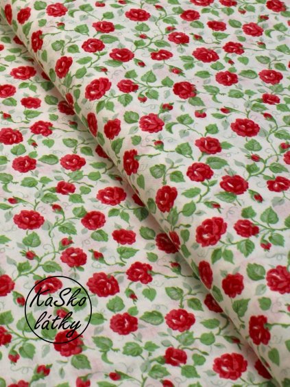 Bavlněná látka červené popínavé růžičky
