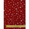 Bavlněná látka střední stříbrné sněhové vločky na červené