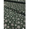 Zbytek - Bavlněná látka stříbrné sněhové vločky a hvězdy na zelené  60 x 140 cm