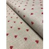 Bavlněná látka červená srdce na režné