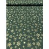 Bavlněná látka zlaté sněhové vločky a hvězdy na zelené