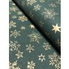 Bavlněná látka zlaté sněhové vločky a hvězdy na zelené