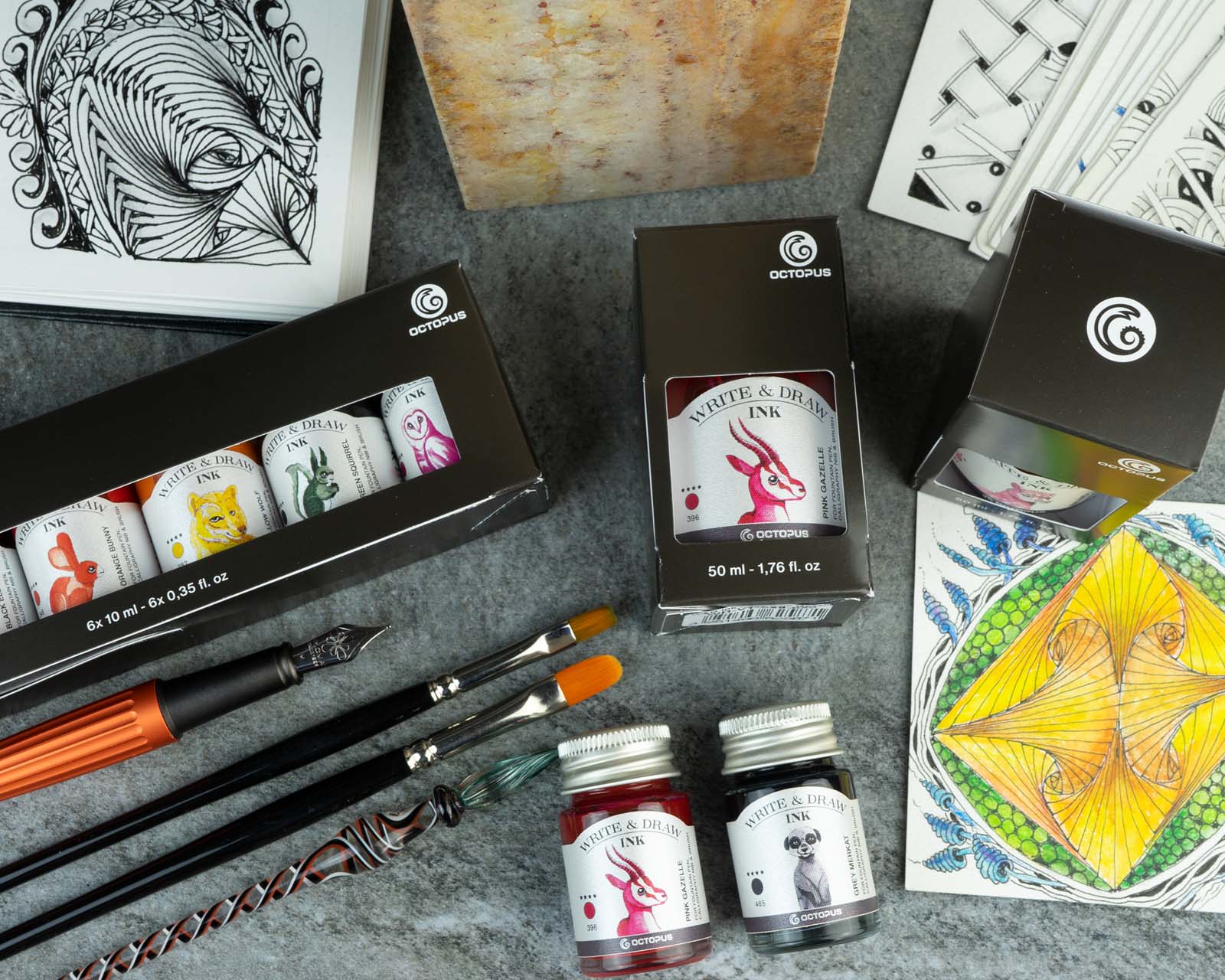 write-and-draw-inks-tinten-tusche-füller-glasfeder-pinsel-füllfederhalter