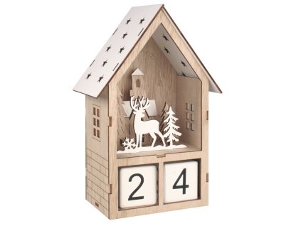 Dřevěný adventní kalendář domeček se sobem a s LED 15 x 23 x 8 cm