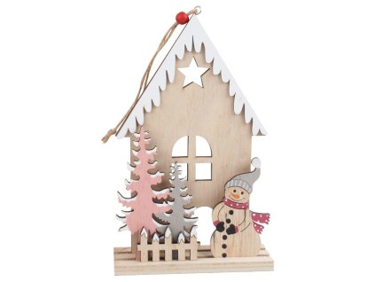 Dřevěný domeček se sněhulákem na zavěšení 20 cm