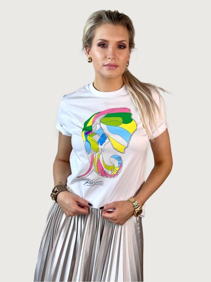 Designové bílé tričko s grafikou slona, glitrovaným logem a krystalovými kameny
