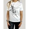 Designové bílé tričko s grafikou houslí, glitrovaným potiskem a krystalovými kameny