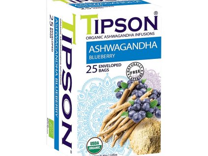 BIO bylinné čaje Tipson ASHWAGANDHA s borůvkou 25 porcí.  BIO ASHWAGANDHA blueberry