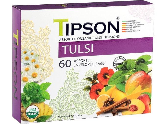 BIO bylinné čaje Tipson TULSI - indická bazalka s příchutěmi. 60 porcí. Certifikát USDA Organic. BIO TULSI assorted