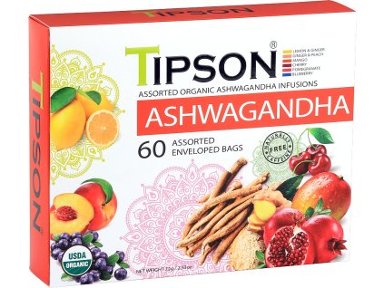BIO bylinné čaje Tipson ASHWAGANDHA - indický ženšen. 60 porcií. Certifikát USDA Organic. BIO ASHWAGANDHA assorted