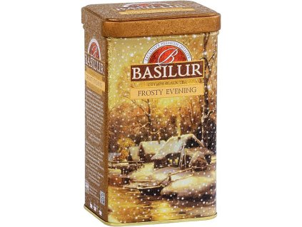 Basilur Frosty evening - čierny čaj ochutený kúsky ovocia (marhuľa, pomaranč, nechtík), sypaný 85g. Plechová dóza.
