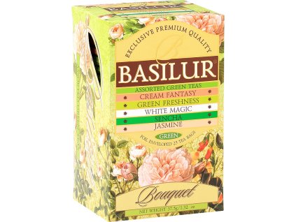Basilur mix zelených čajov (Sencha, Jazmín, Cream fantasy, Green freshness, White magic), porciovaný s prebalom, BASILUR Assorted Bouquet, 25 porcií