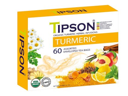 BIO čaj s kurkumou (turmeric) značky Tipson zo Srí Lanky, darčeková kazeta 60x1,5g. Certifikát USDA Organic