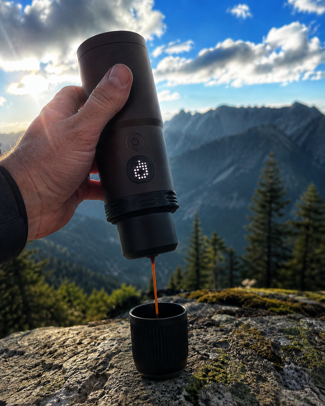 Příprava espressa Wacaco Nanopresso na vrcholu hory při východu slunce — výzva #kavanacesty