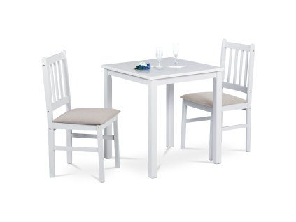 Jídelní set 1+2, stůl 69 x 69 x75 cm, masiv kaučukovník, bílý mat, šedé látkové sedáky (Rozměr 69x69x75 / 43x47x89x47 cm, Barva primární Bílá)