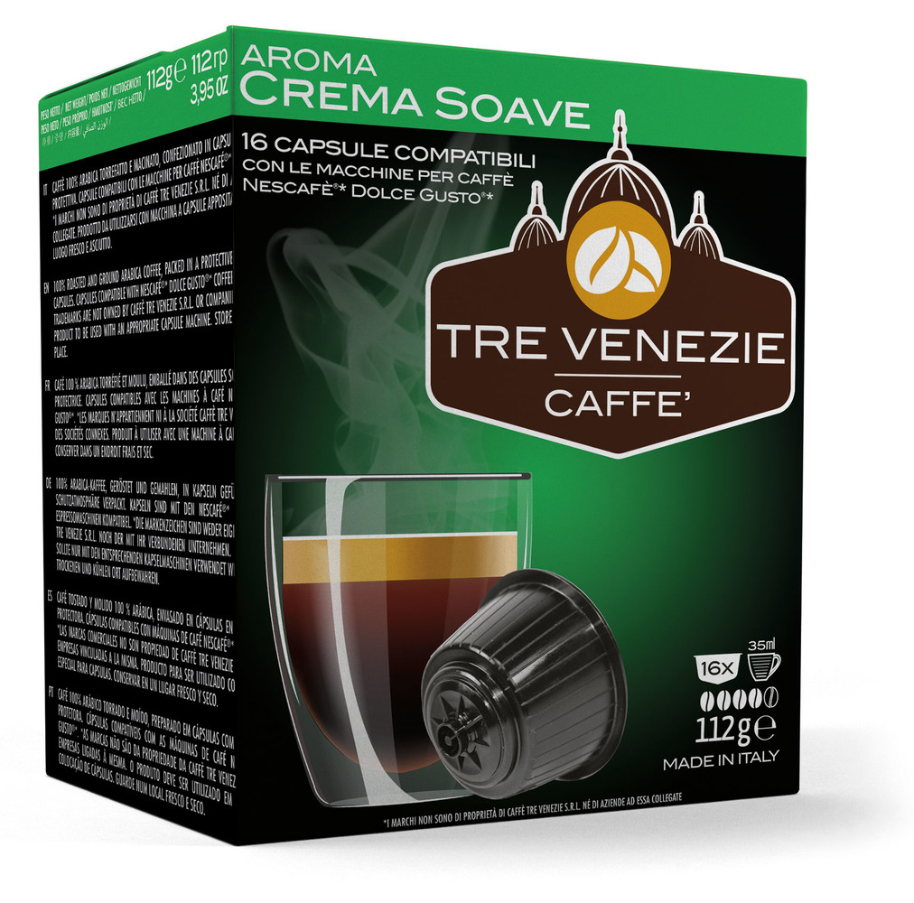 Tre Venezie CREMA SOAVE s chutí připomínající lískové oříšky s jemnými tóny čokolády a obilovin. Pro kávovary Dolce Gusto. 