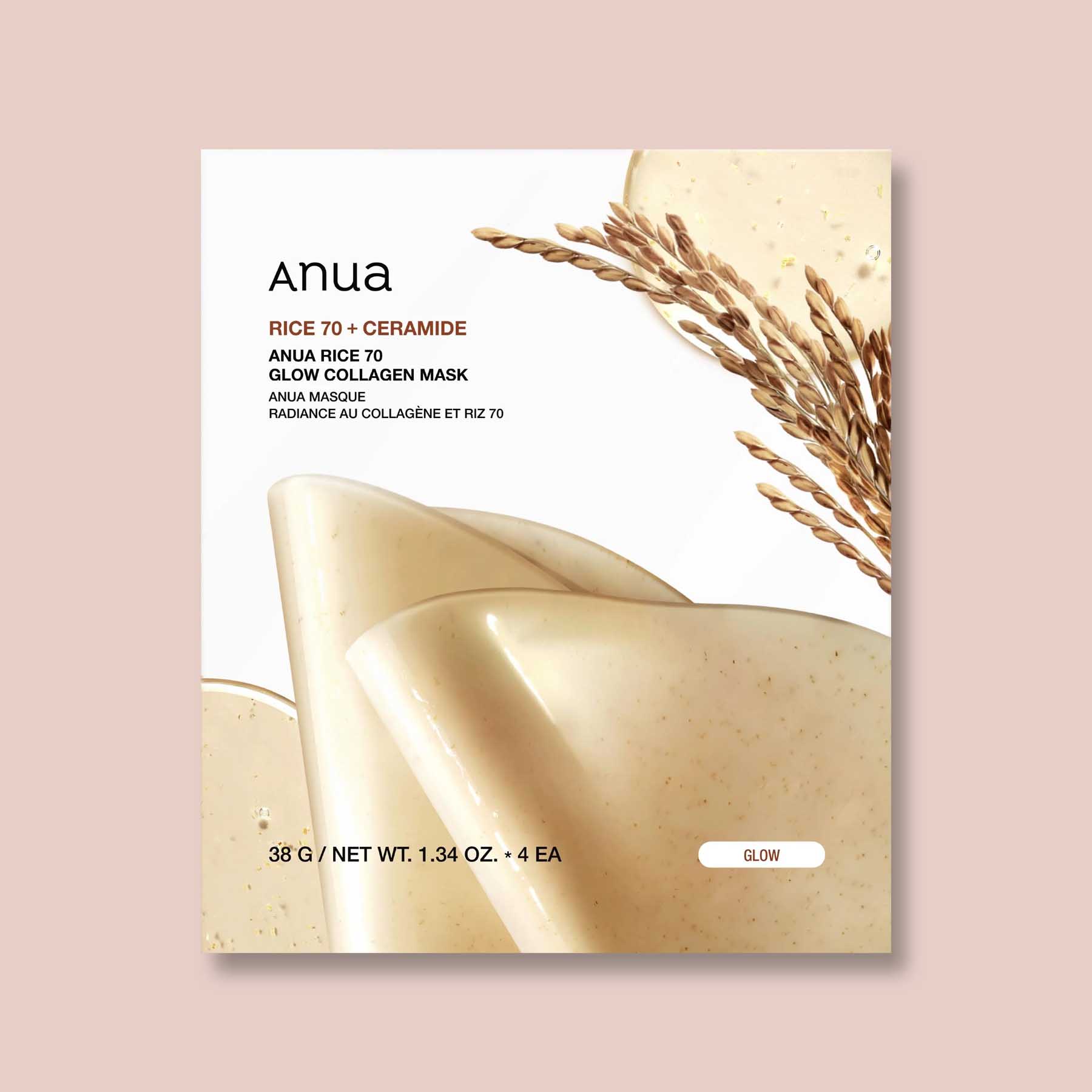 ANUA Rice 70 Glow Collagen Mask Hydratačná maska pre lesk pleti s kolagénom a ryžovou vodou 38 g