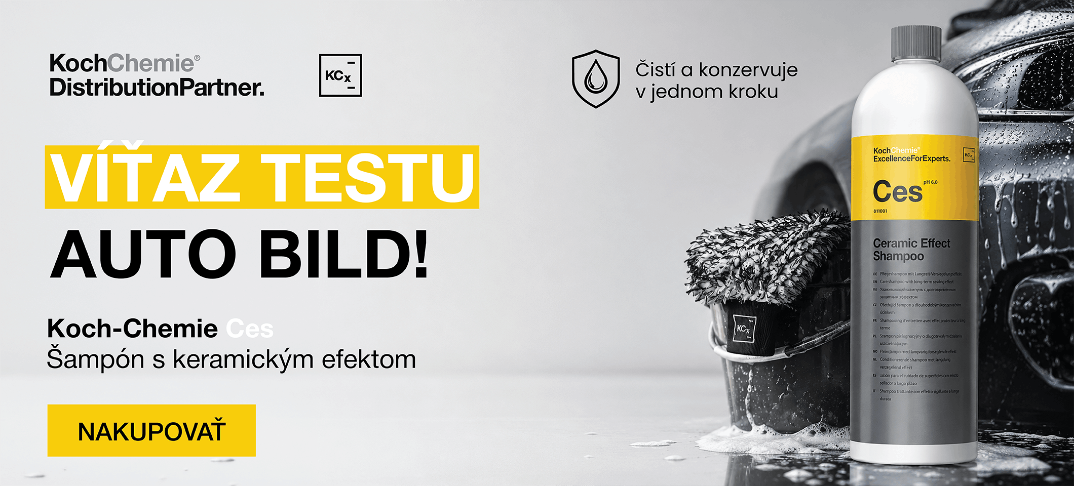 Víťaz testu Auto Bild – Koch-Chemie Ces 🏆  Koch-Chemie Ceramic Effect Shampoo (Ces) spája dôkladné umývanie a ochranu laku v jednom kroku. Vďaka keramickému efektu zanecháva hladší povrch, intenzívny lesk a podporuje hydrofóbne vlastnosti, ktoré pomáhajú 