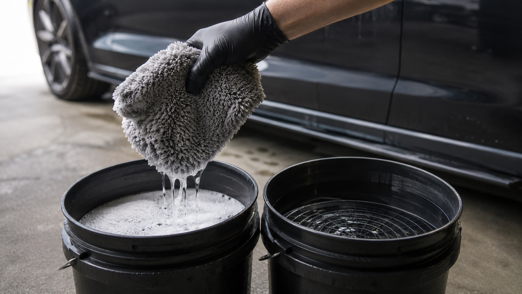 Umývanie auta autošampónom Koch Chemie z vedra.