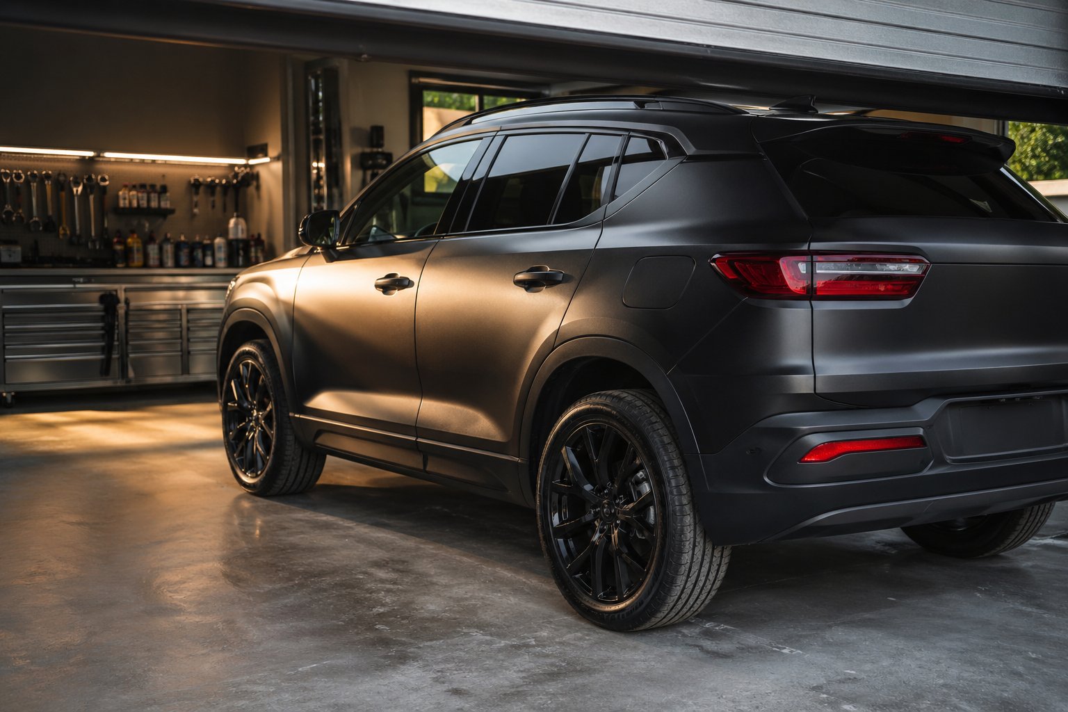 Harmonogram detailingu auta – náradie a šampón pripravené pri matne čiernom SUV v garáži