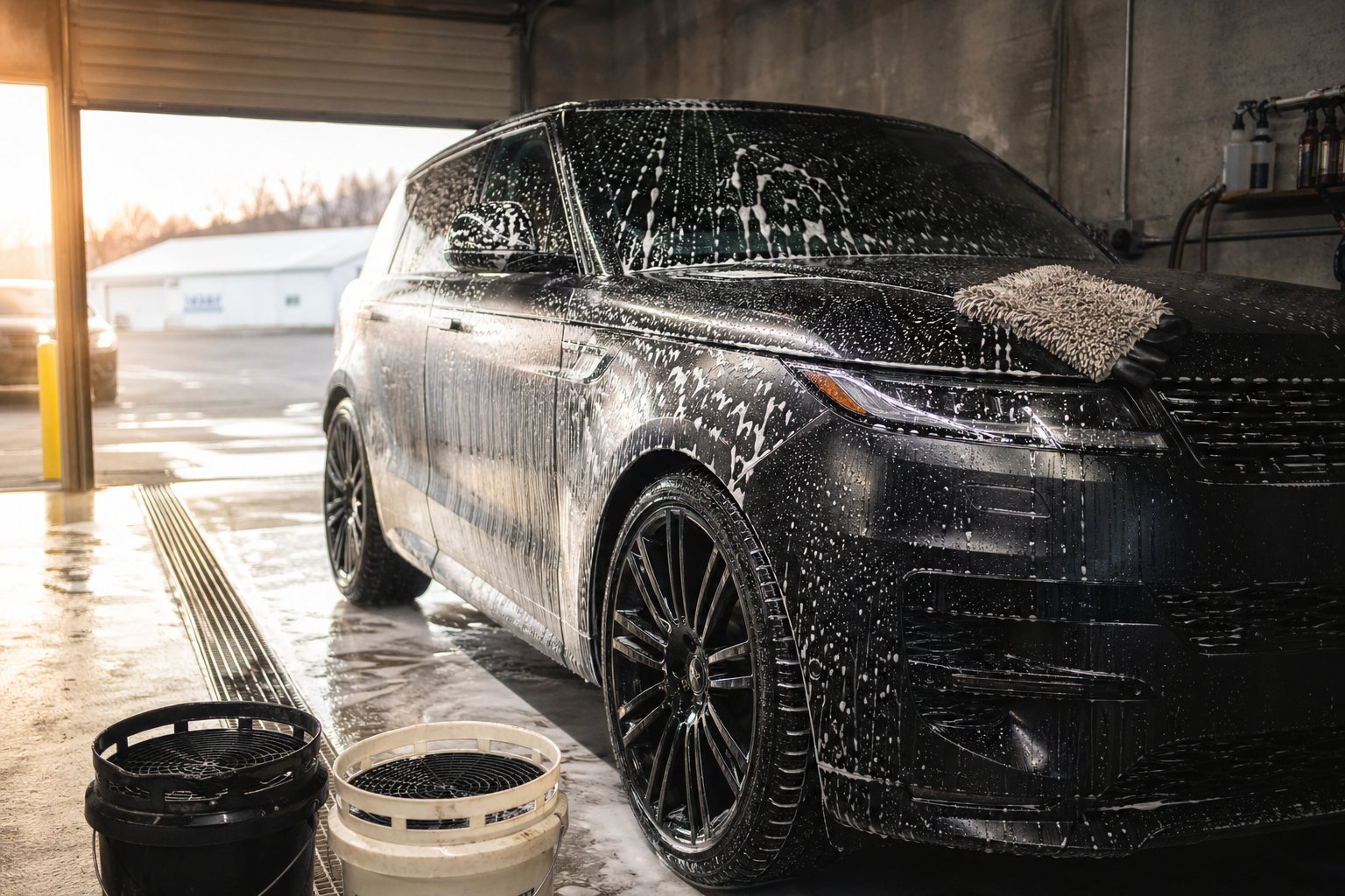 Profesionálne detailing pracovisko s čiernym SUV pokrytým snow foam penou v garáži