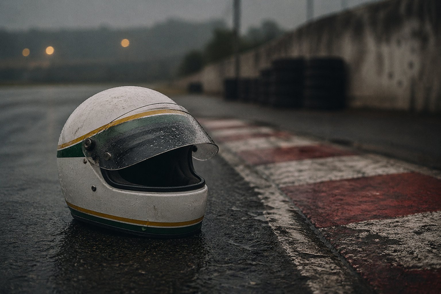 Prázdna pretekárska prilba na mokrom asfalte ako symbol smrti Ayrtona Sennu vo F1