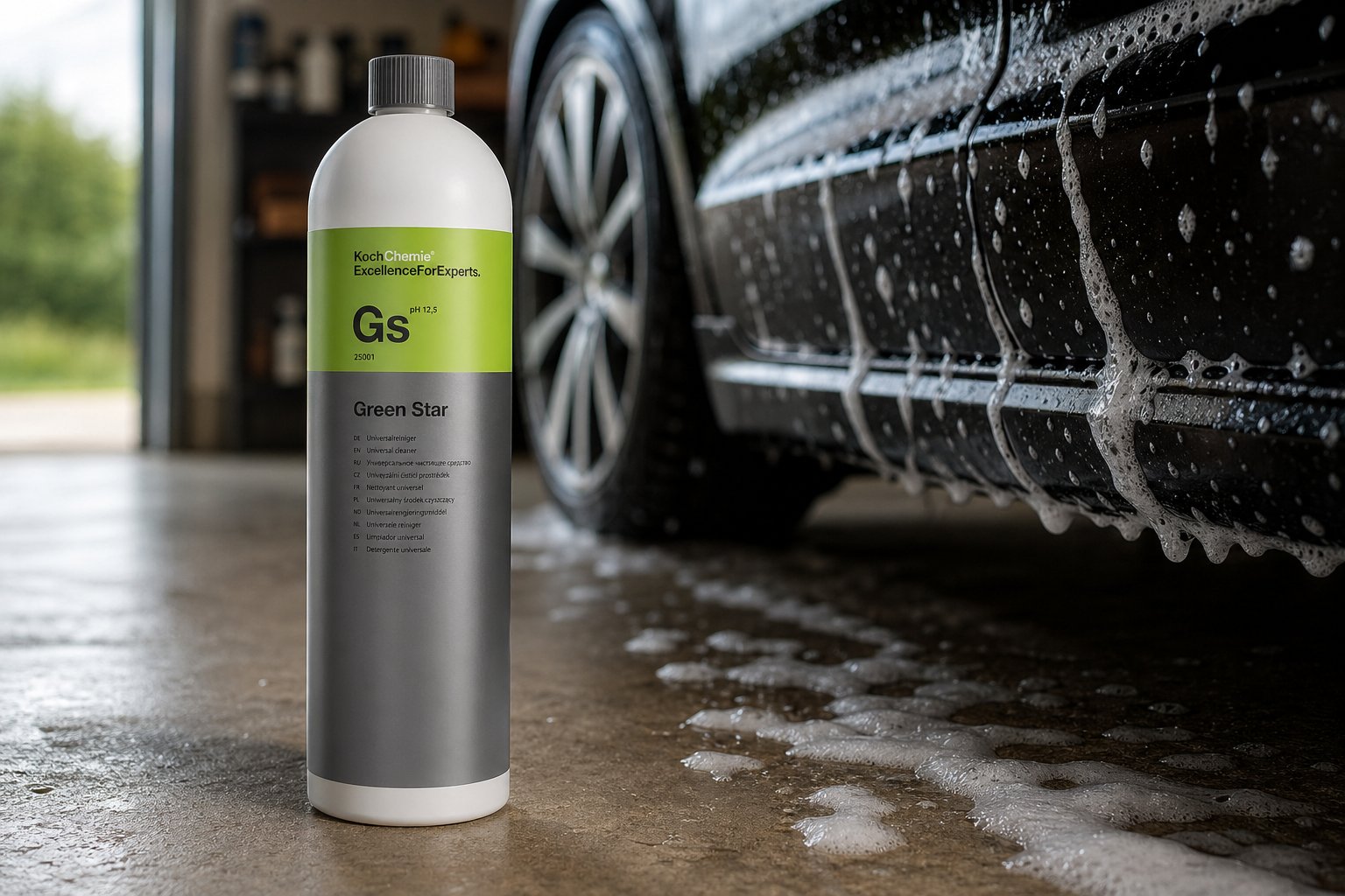 Univerzálny čistič Koch Chemie Green Star v profesionálnom detailing prostredí, vedľa čierneho SUV pokrytého aktívnou penou