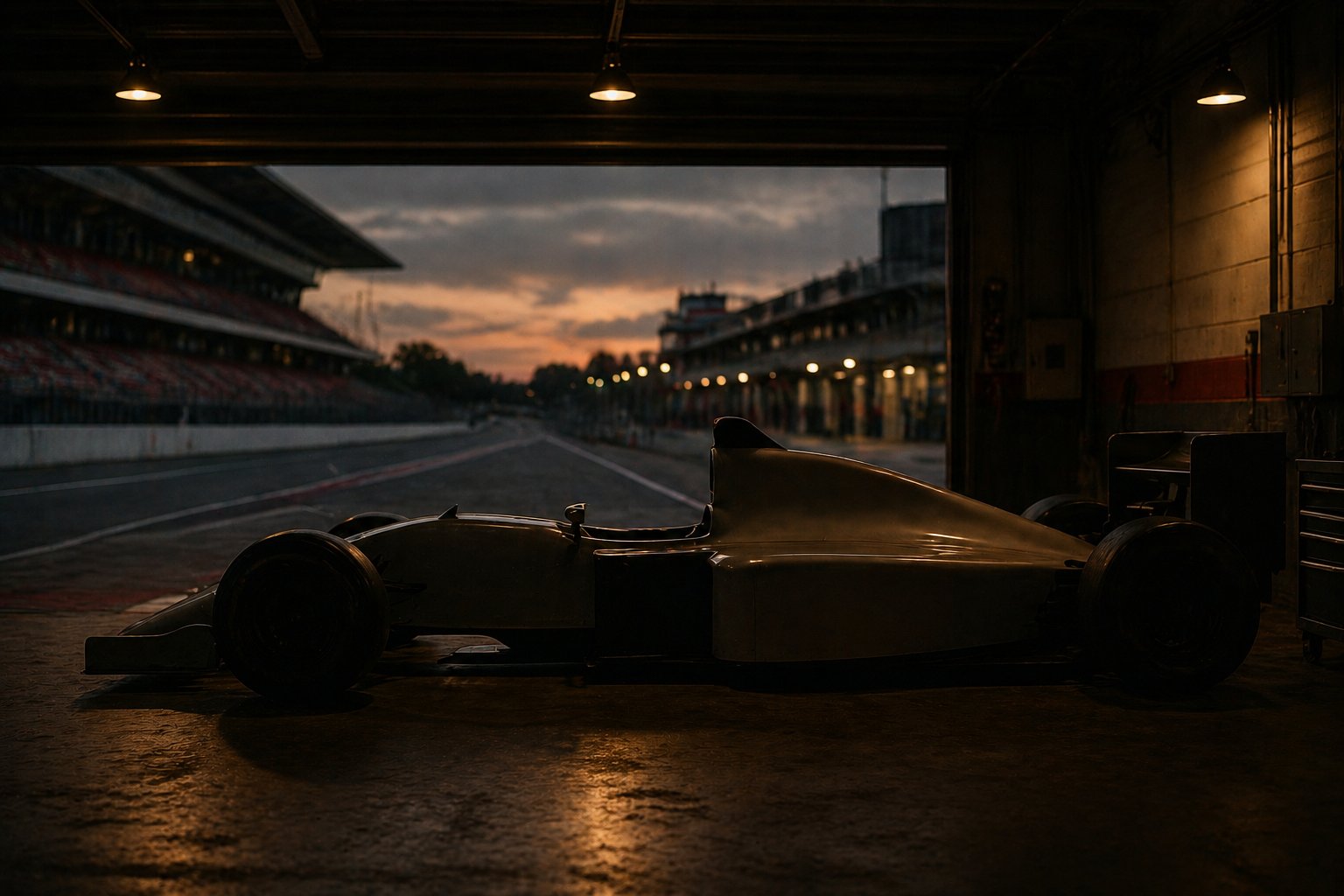 Silueta monopostu Formuly 1 z 80. rokov v prítmí pit garáže – éra Ayrtona Sennu