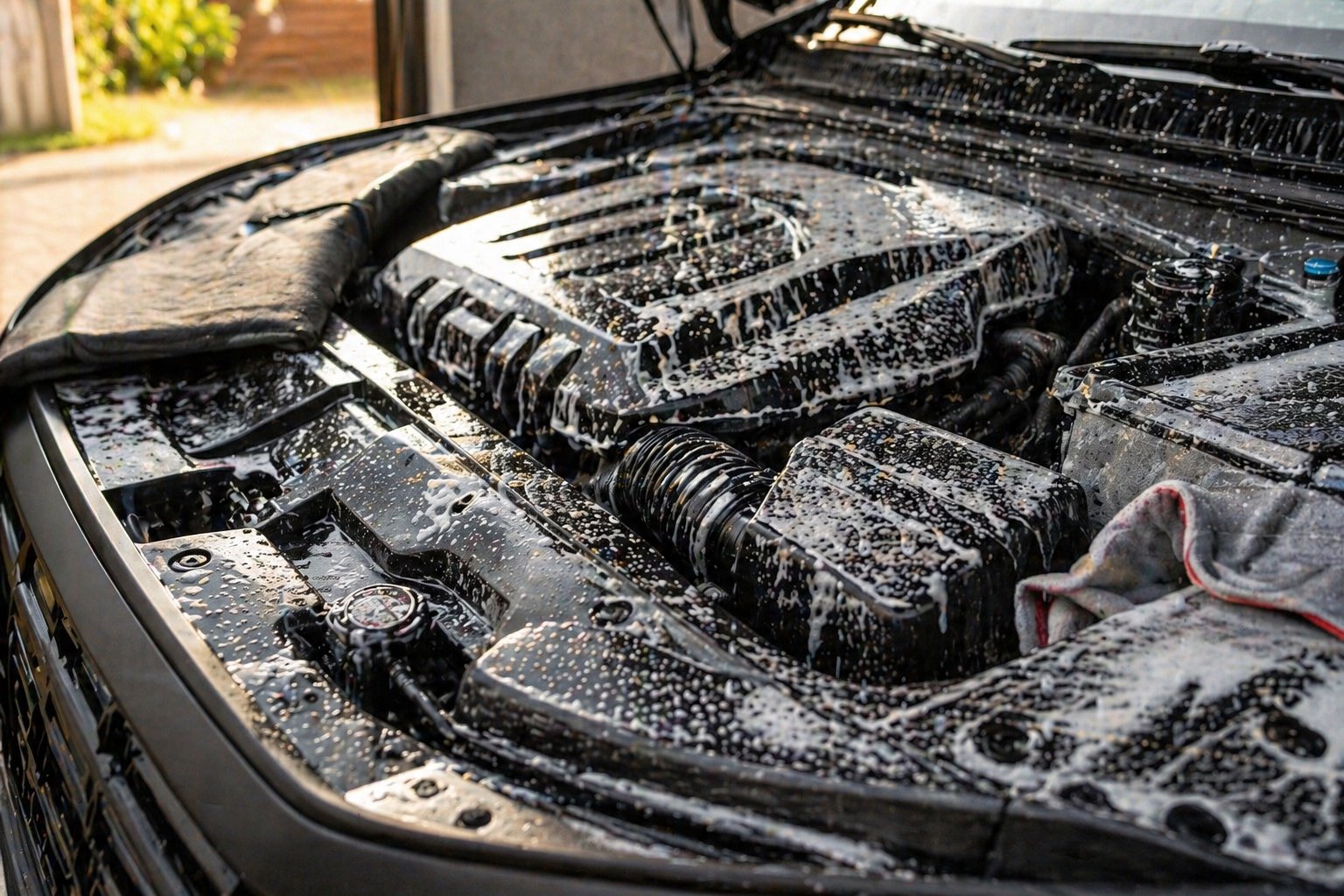 Motorový priestor čierneho SUV s aktívnou penou na plastových krytoch, alternátor zakrytý ochrannou utierkou