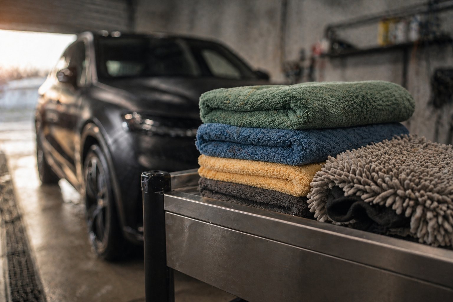 Stoh farebne kódovaných mikrovláknových utierok pre detailing v garáži