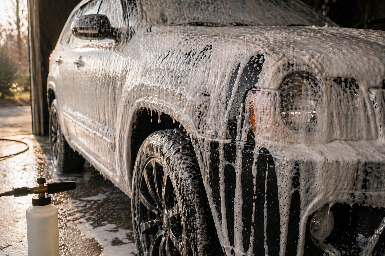 Aktívna pena snow foam pokrýva kapotu čierneho SUV počas predumývania s napeňovačom na wapku