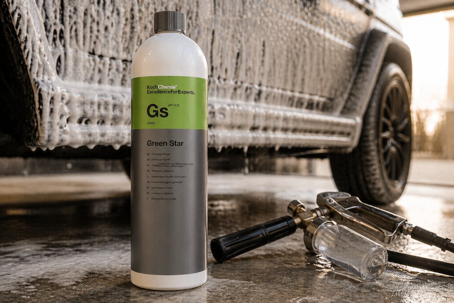 Koch Chemie Green Star 1L na betóne v garáži s čiernym SUV pokrytým aktívnou penou v pozadí