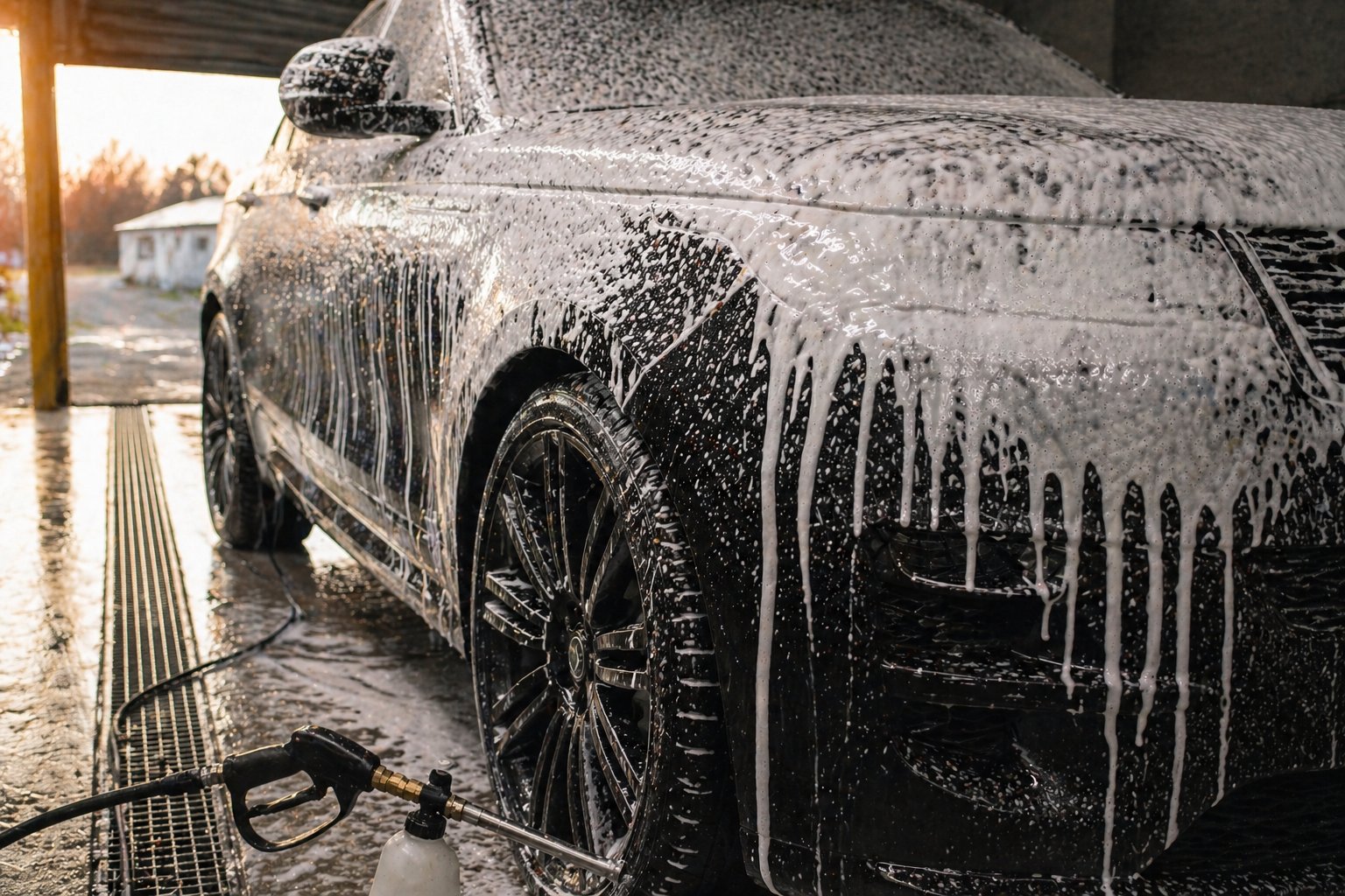 Aplikácia snow foam aktívnej peny na čierny SUV panel pri kontaktnom umývaní