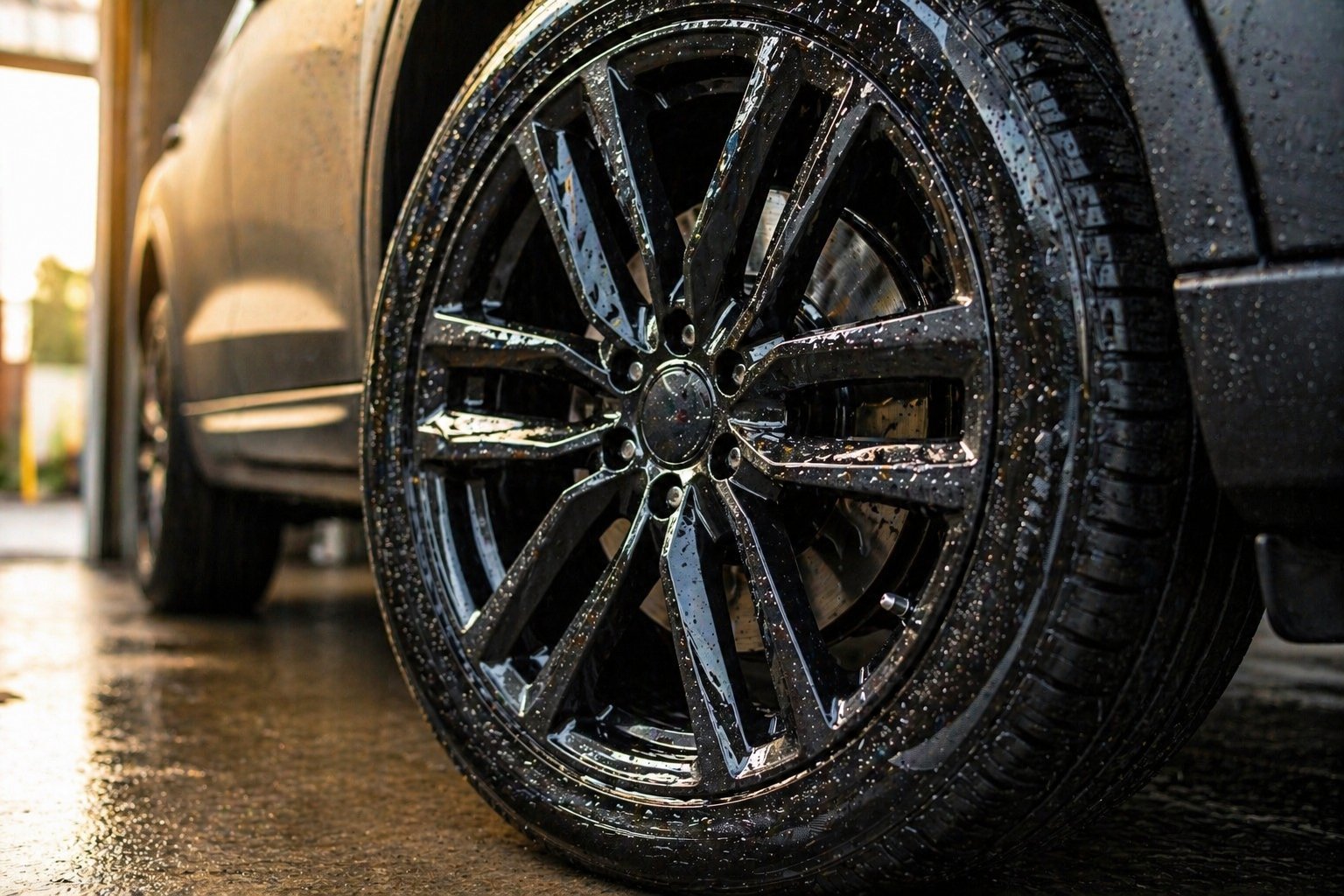 Vyčistený zliatinový disk na čiernom SUV s vodnými kvapkami, bez nánosov brzdového prachu