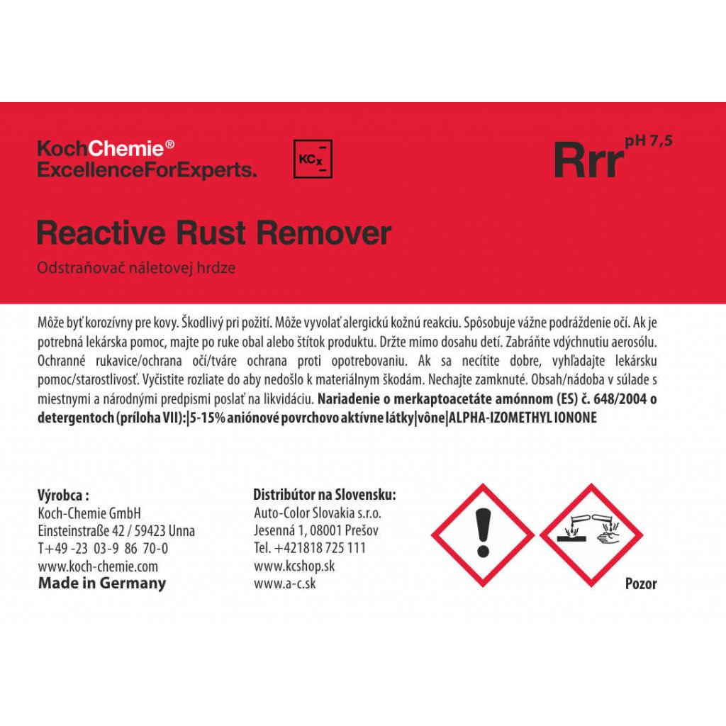 Koch Chemie produktová etiketa - Reactive Rust Remover - Odstraňovač náletovej hrdze