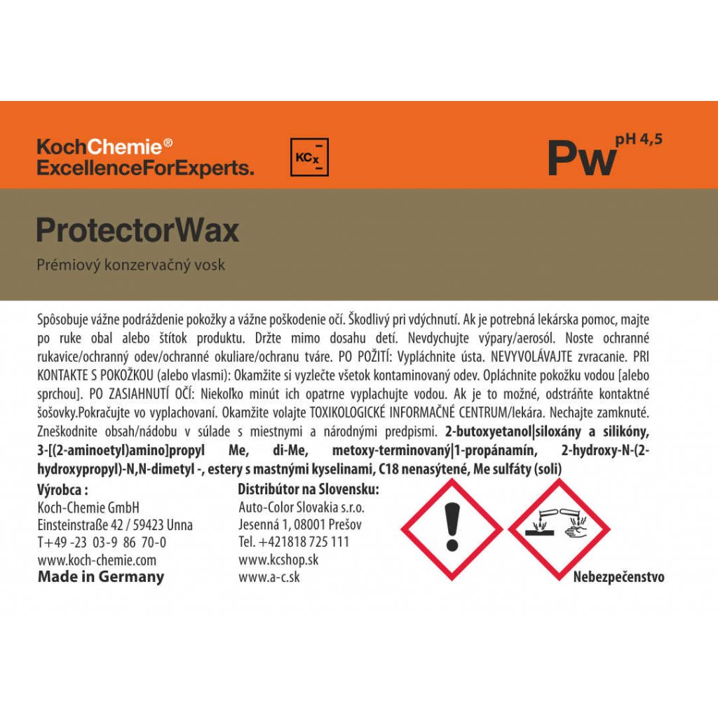 Koch Chemie produktová etiketa - ProtectorWax - Premiový konzervačný vosk