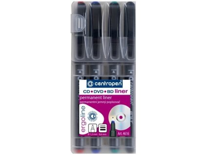 CD/DVD značkovač Centropen permanent s ergonomickým dizajnom 4616 sada 4 farby plastový obal