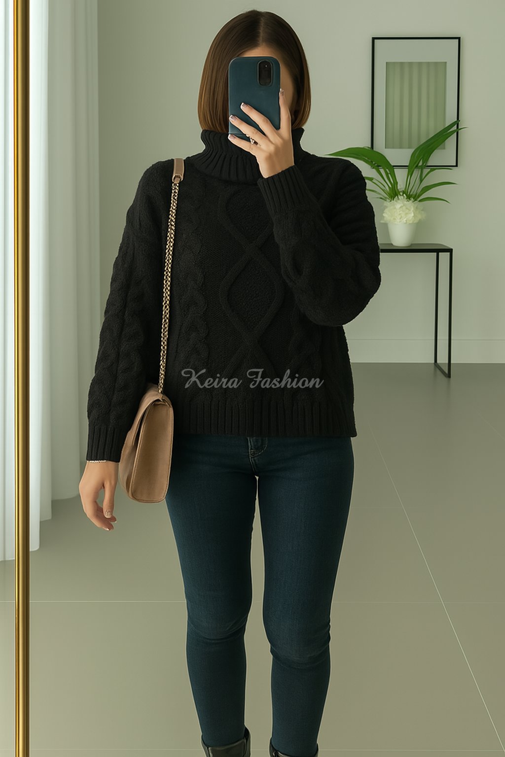 čierny hrubý rolákový pulóver