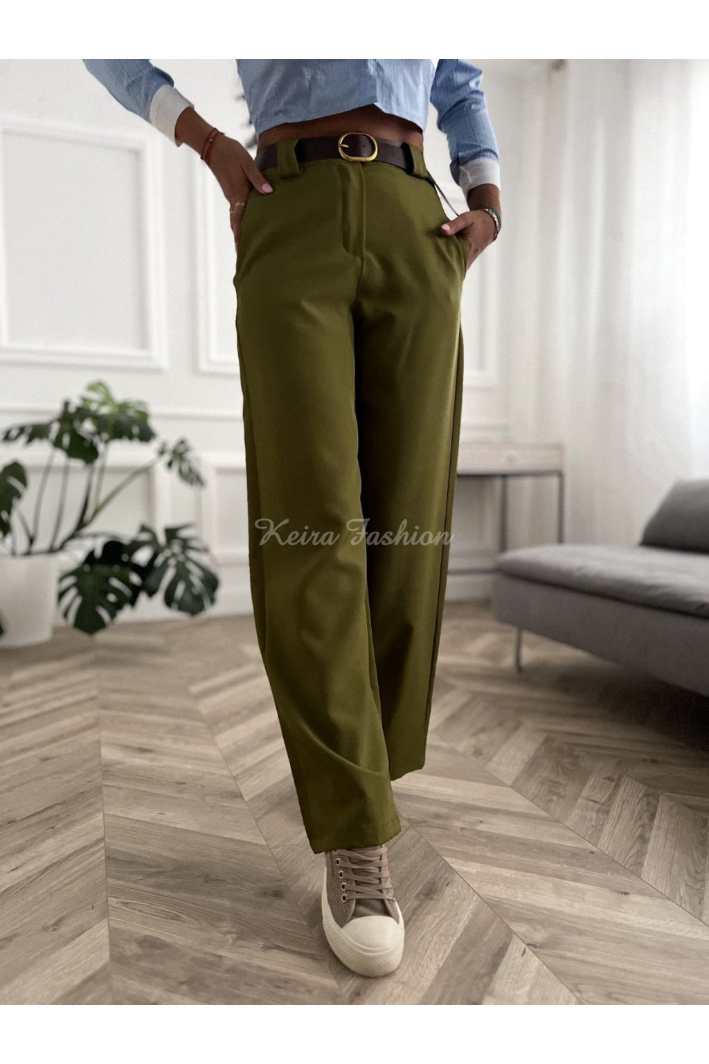 zelené široké nohavice s opaskom