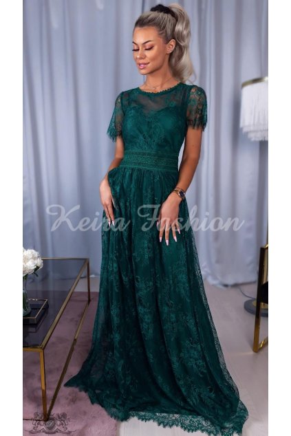 Dlhé elegantné čipkované šaty v smaragdovej zelenej farbe