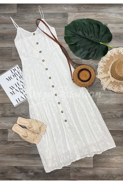 biele dlhé perforované šaty na gombíky
